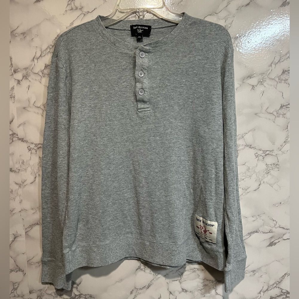 True Religion Men’s Gray Sweatshirt Long Sleeves Waffle Knit Size L